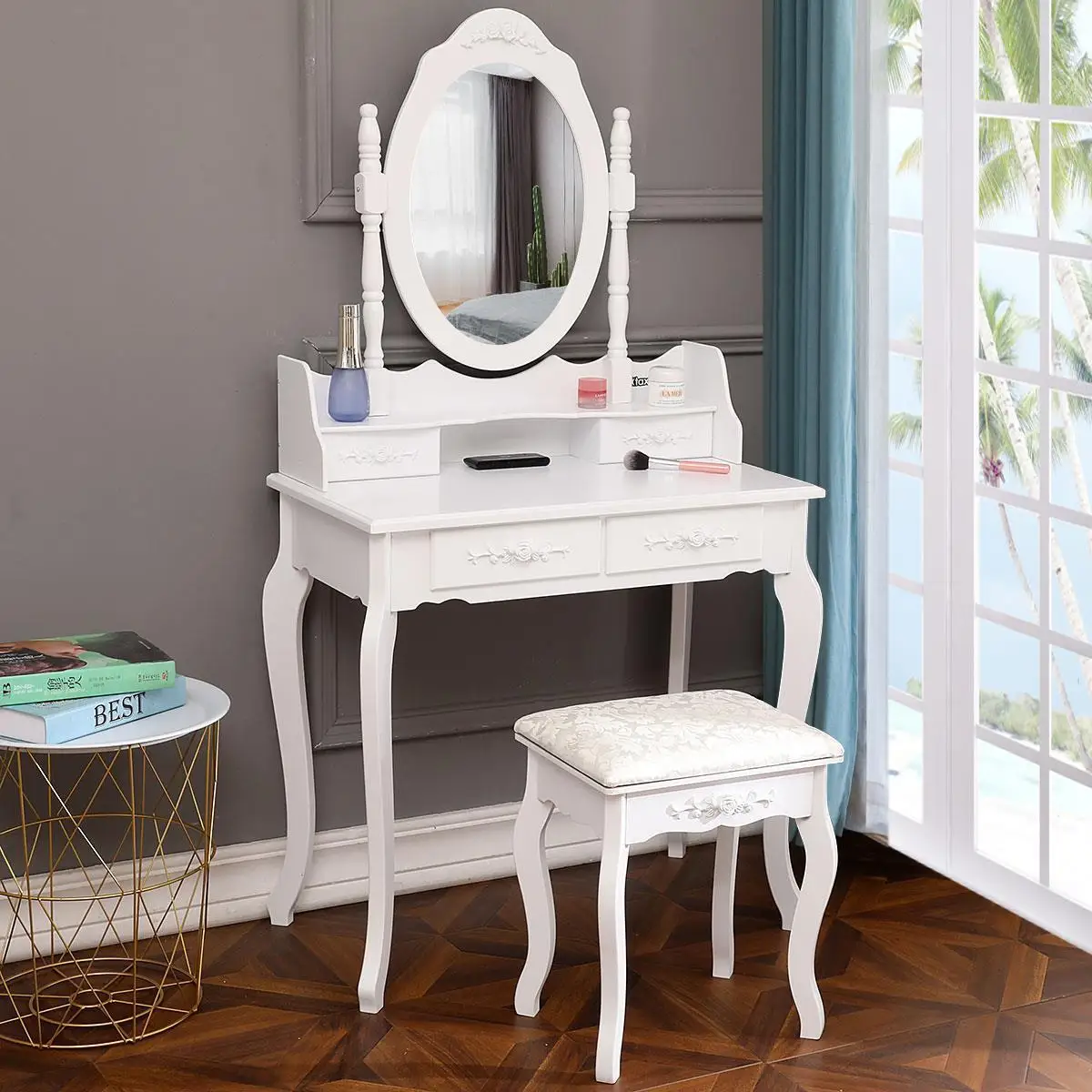 Гореща разпродажба, модерна тоалетна масичка с огледало, въртяща се на 360 градуса с 4 чекмеджета и разделен по вътрешни пространства, маса за грим, за спални Изображение 0