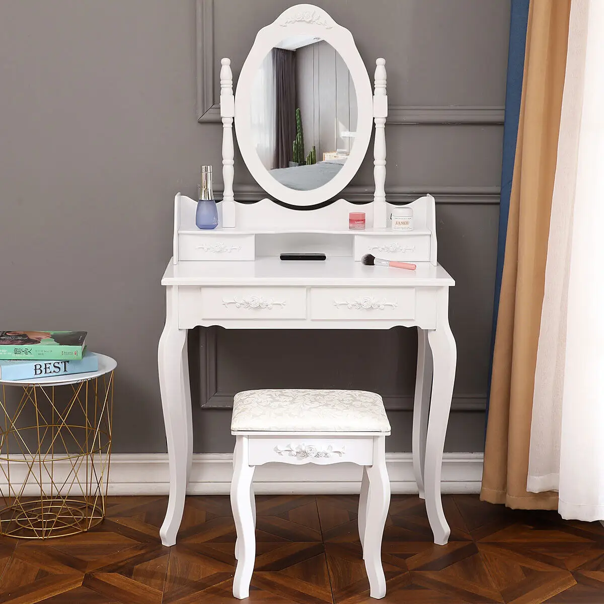 Гореща разпродажба, модерна тоалетна масичка с огледало, въртяща се на 360 градуса с 4 чекмеджета и разделен по вътрешни пространства, маса за грим, за спални Изображение 1