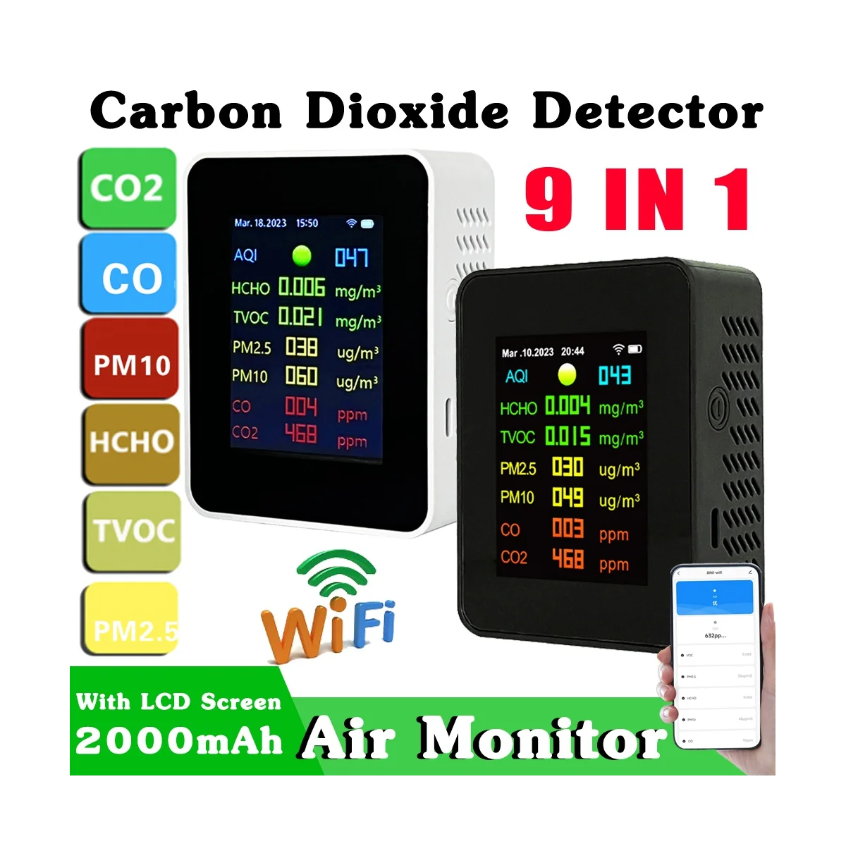 9 в 1 Цифров Тестер Температура и Влажност на въздуха ФПЧ2.5 PM10 HCHO TVOC CO CO2 Метър WiFi LCD лазерен сензор Монитор Бял Изображение 5