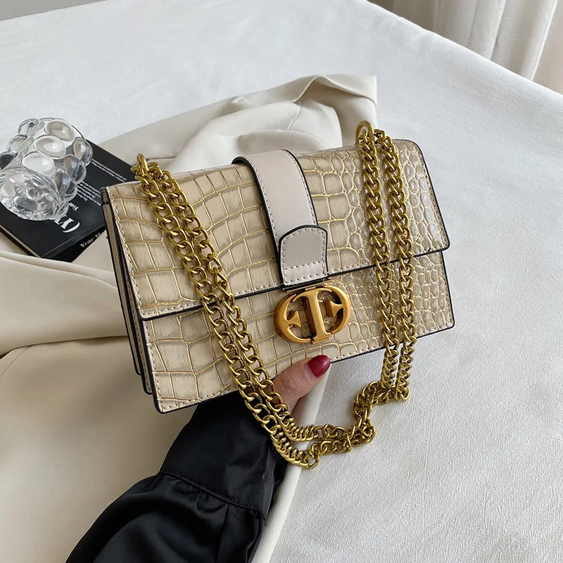 Дизайнерска чанта за жени с веригата от кожа на алигатор, чанта през рамо, 2023 Нова Малка Квадратна чанта с капак, Модни дамски чанти през рамо Изображение 1