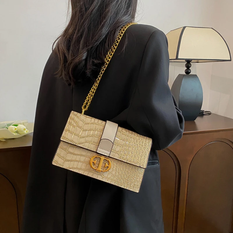 Дизайнерска чанта за жени с веригата от кожа на алигатор, чанта през рамо, 2023 Нова Малка Квадратна чанта с капак, Модни дамски чанти през рамо Изображение 3