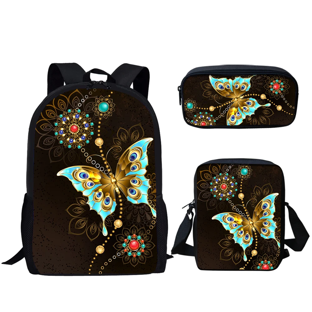 3 Комплекта училищни чанти за момчета и момичета, всекидневни раница с принтом пеперуди, детска студентски лека чанта за книги, чанта за обяд, чанта за моливи Изображение 0