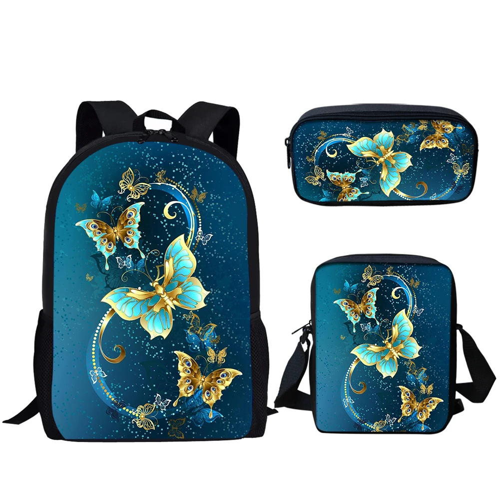 3 Комплекта училищни чанти за момчета и момичета, всекидневни раница с принтом пеперуди, детска студентски лека чанта за книги, чанта за обяд, чанта за моливи Изображение 1
