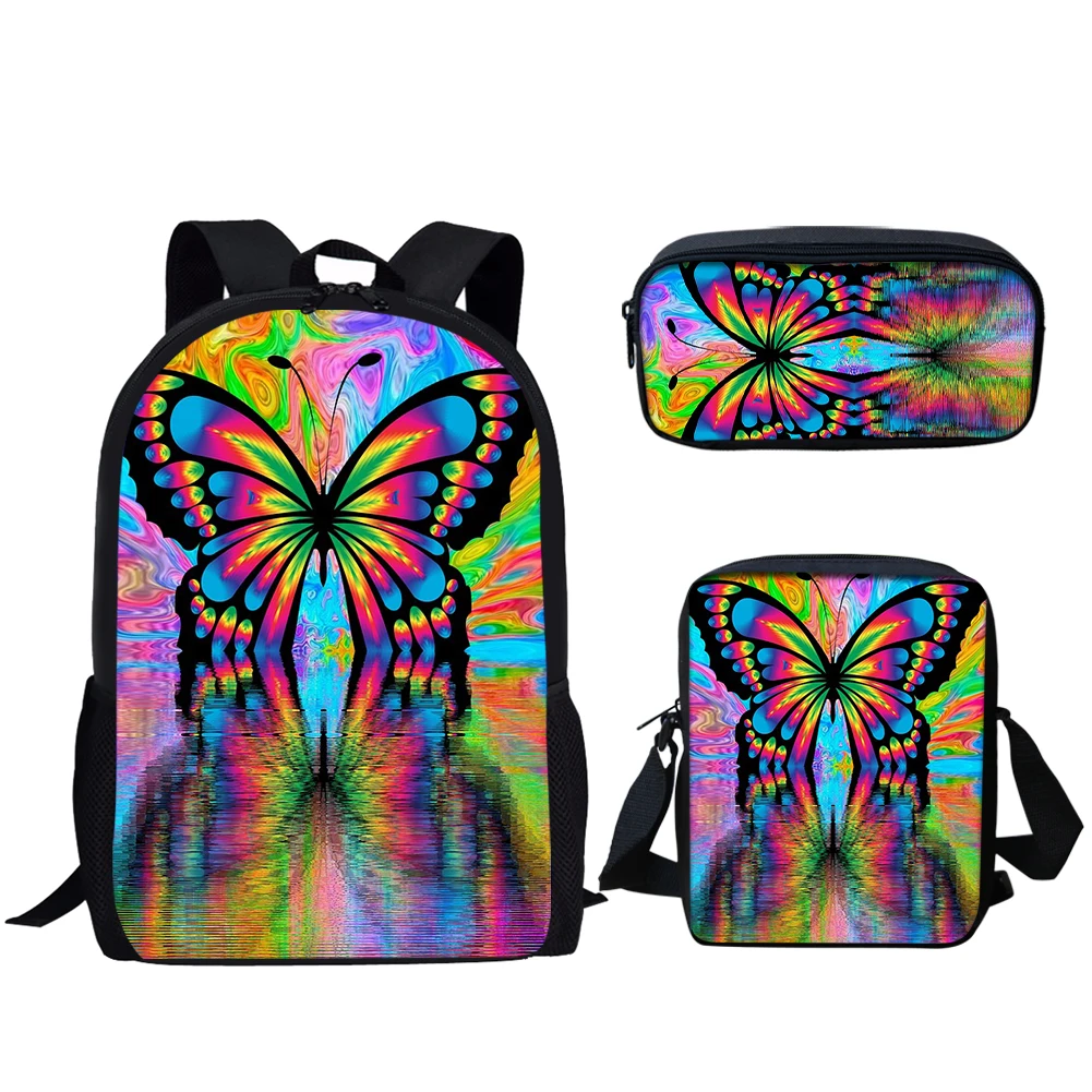 3 Комплекта училищни чанти за момчета и момичета, всекидневни раница с принтом пеперуди, детска студентски лека чанта за книги, чанта за обяд, чанта за моливи Изображение 3