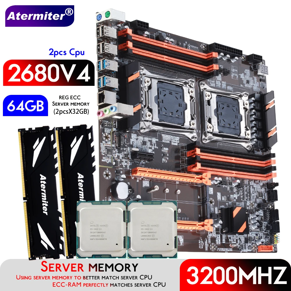 Дънна платка Atermiter Dual X99 с процесор в LGA 2011-3 XEON E5 2680 V4 *2 с комбиниран комплект сървър памет 2pcsX32GB = 64GB DDR4 3200 Mhz Изображение 0