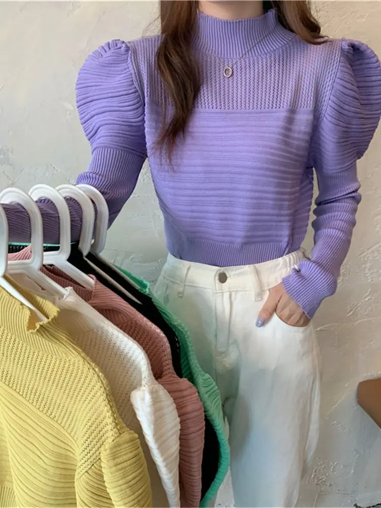 2023 Корейски дамски блузи и пуловери, Елегантен вязаный женски пуловер с пищни ръкави, монофонични оборудвана женски жилетка ZY7210 Изображение 0