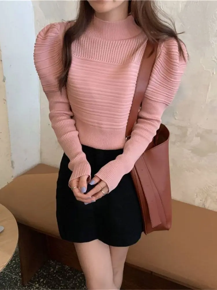 2023 Корейски дамски блузи и пуловери, Елегантен вязаный женски пуловер с пищни ръкави, монофонични оборудвана женски жилетка ZY7210 Изображение 1