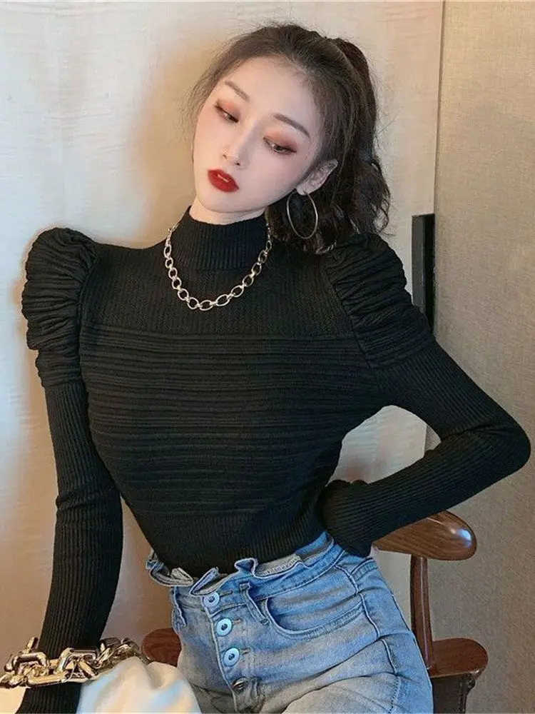2023 Корейски дамски блузи и пуловери, Елегантен вязаный женски пуловер с пищни ръкави, монофонични оборудвана женски жилетка ZY7210 Изображение 5