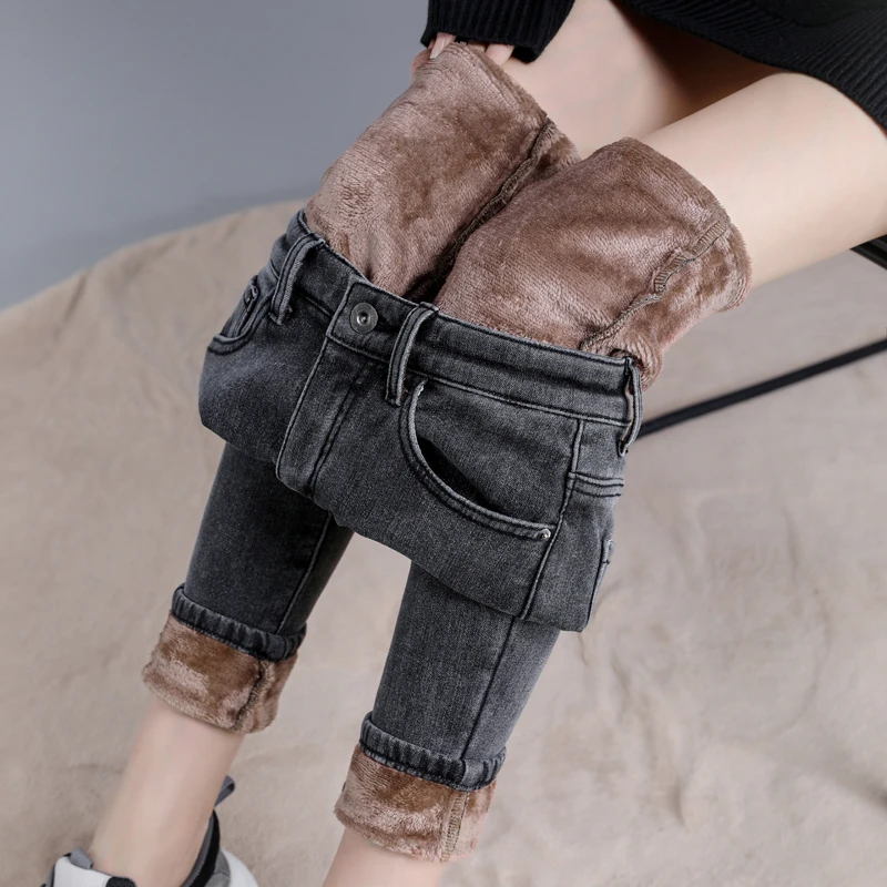 Топло изолирана женски Vaqueros Pantalones, зимни плюшени дънкови панталони големи размери 34, тънки дънки с кадифена подплата и висока талия, панталон-молив Изображение 0