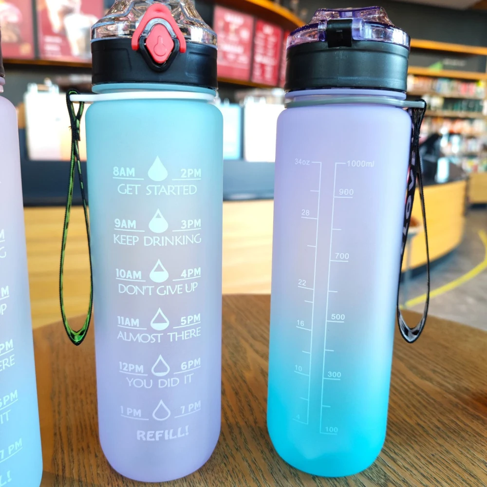 Мотивационни бутилка за вода с обем 1 литър с определянето на времето, запечатани спортна бутилка за вода, които не съдържат BPA, фитнес, Къмпинг, Обиколка, Чаша за вода за фитнес Изображение 0