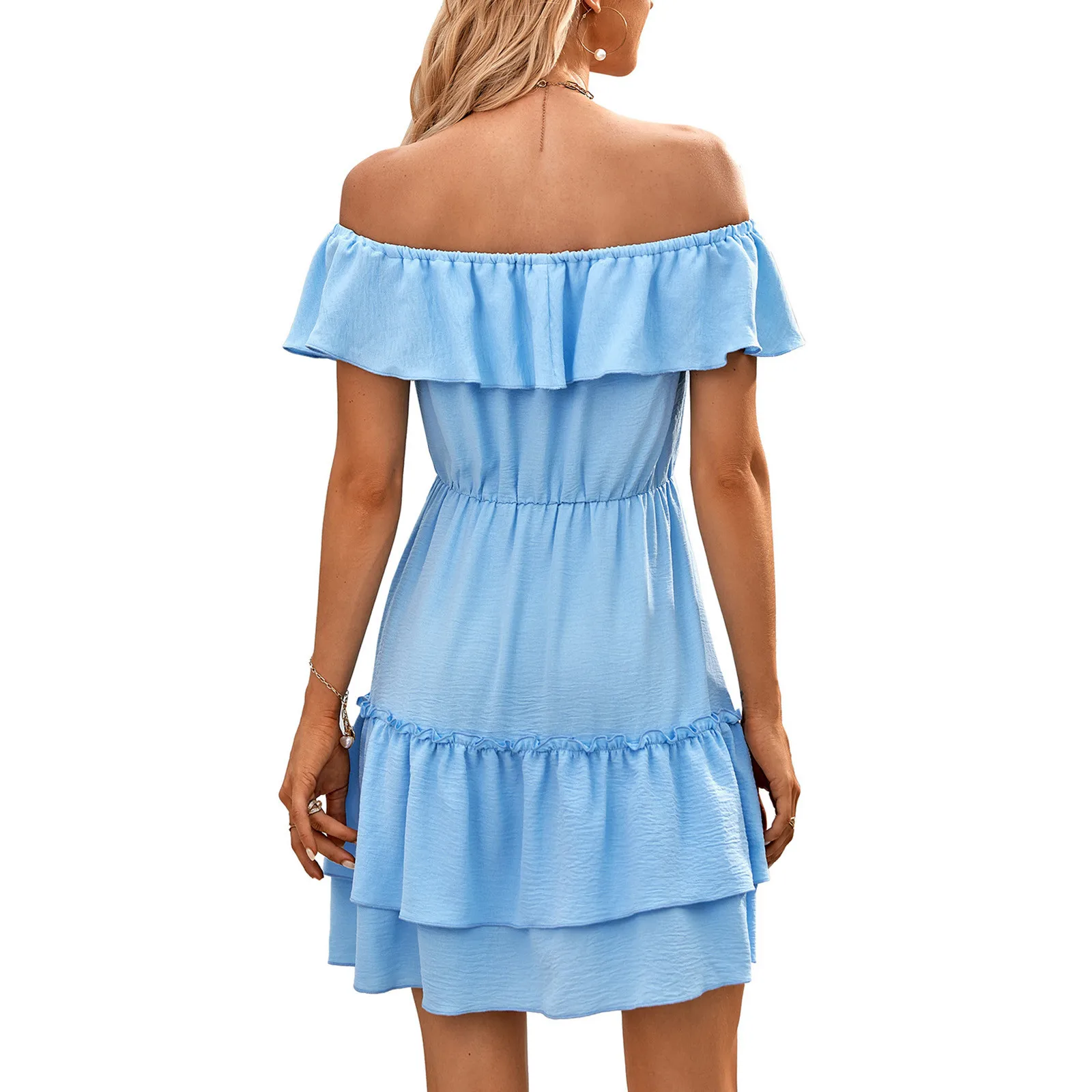 Дамско пролетно-лятна рокля чист цвят с къдри по ръкавите и скъп раменете Изображение 4