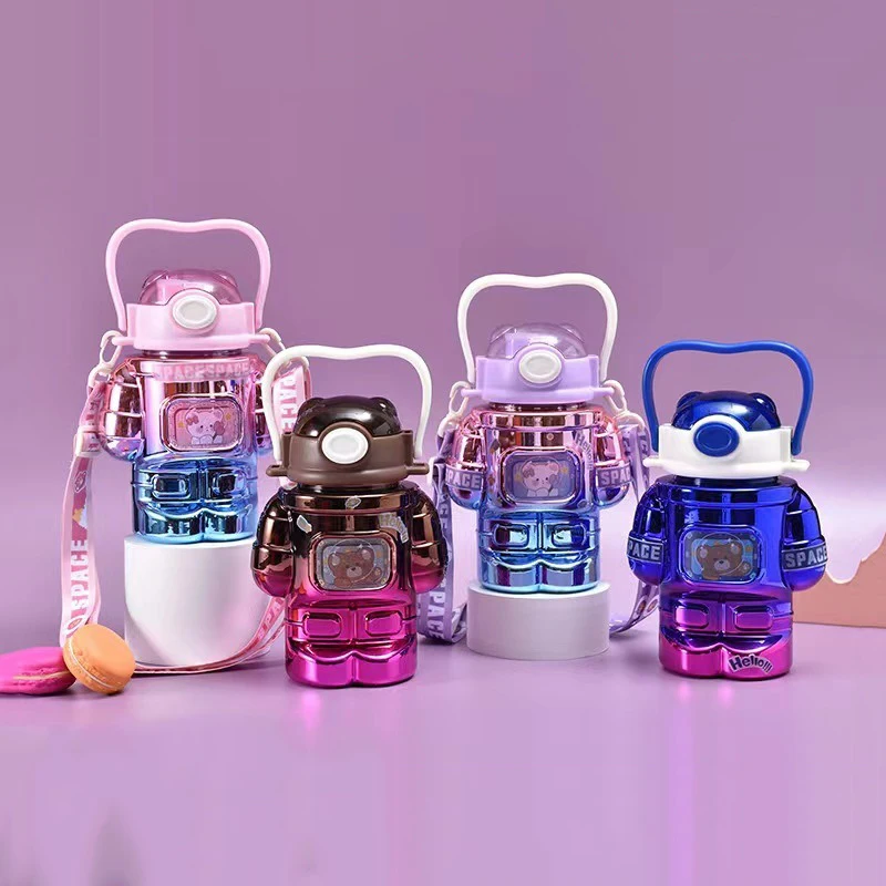 Пластмасова чаша с покритие покритие, чаша за вода с мечка, лятна сладко детска чаша с голям капацитет със сламен бутилка за вода Изображение 3