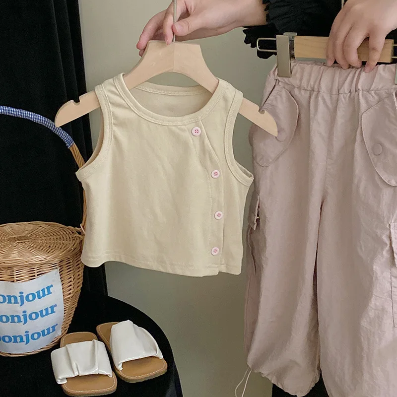 Корейската детски дрехи 2023, лятна нов, модерен жилетка за момичета, костюм с панталони, бебешки дрехи за момичета Изображение 3