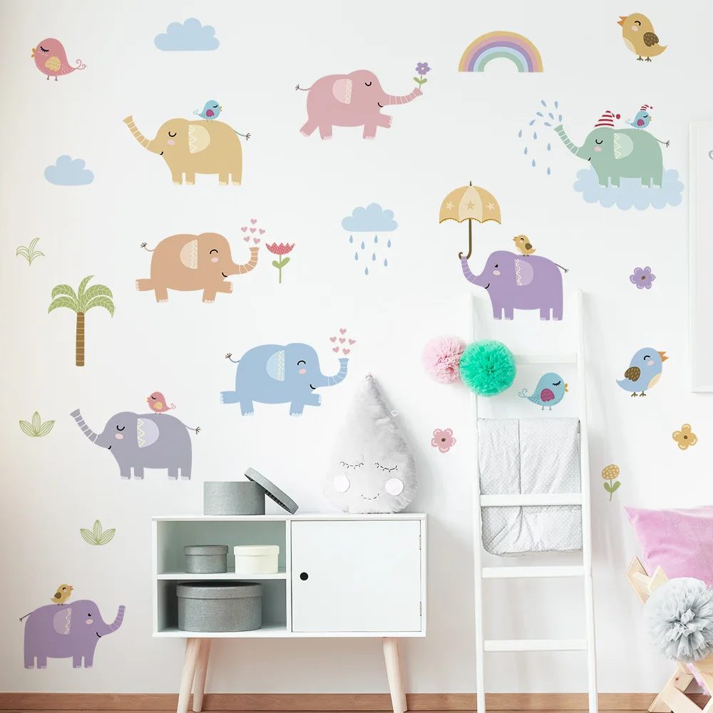 Стикери за стена с анимационни слон за декор на детска стая, Декорация на стените в детската спалня за момчета, Стикер с животни за стена, декоративни плакат за дома Изображение 0