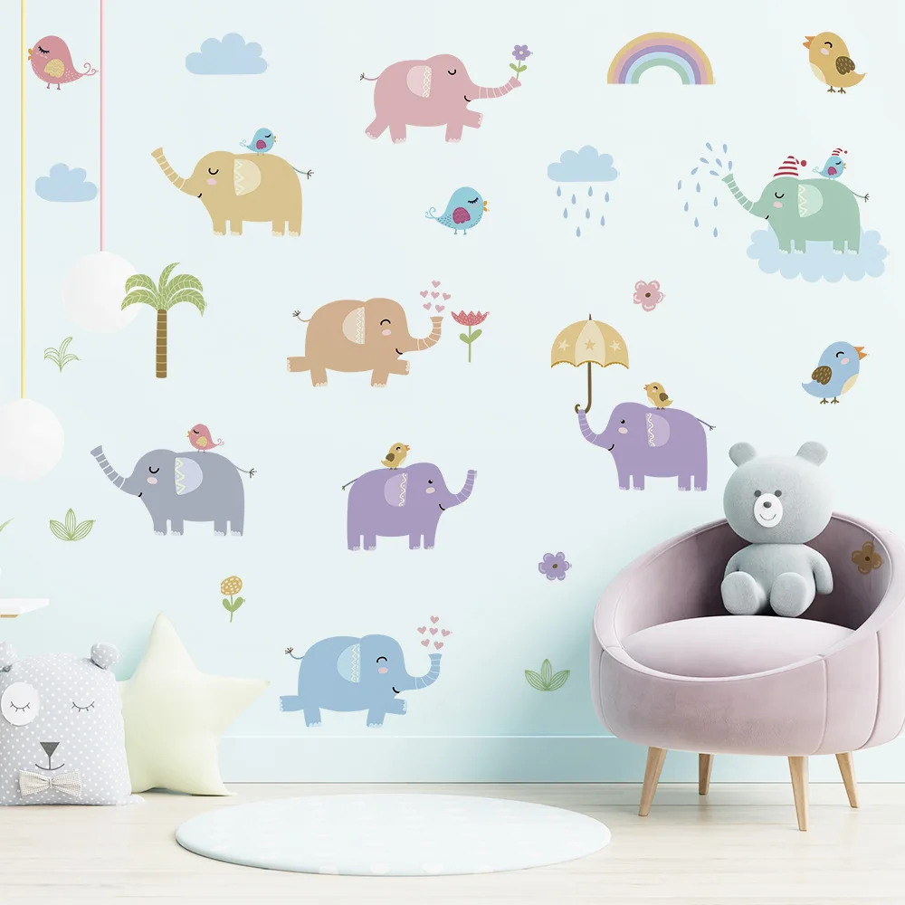 Стикери за стена с анимационни слон за декор на детска стая, Декорация на стените в детската спалня за момчета, Стикер с животни за стена, декоративни плакат за дома Изображение 1
