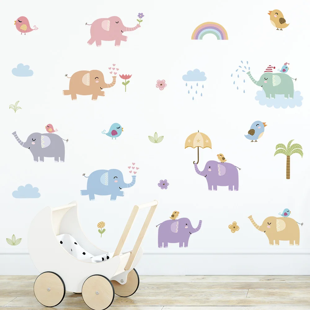 Стикери за стена с анимационни слон за декор на детска стая, Декорация на стените в детската спалня за момчета, Стикер с животни за стена, декоративни плакат за дома Изображение 2