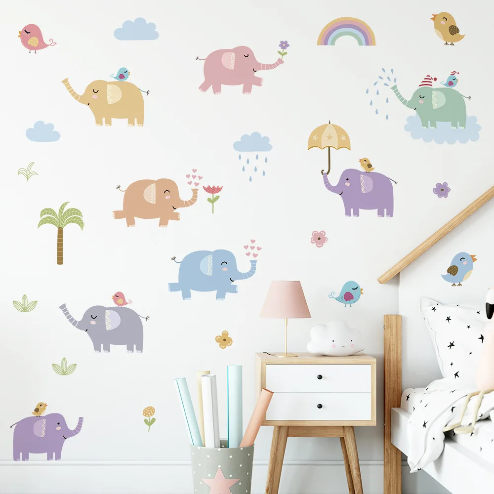 Стикери за стена с анимационни слон за декор на детска стая, Декорация на стените в детската спалня за момчета, Стикер с животни за стена, декоративни плакат за дома Изображение 3